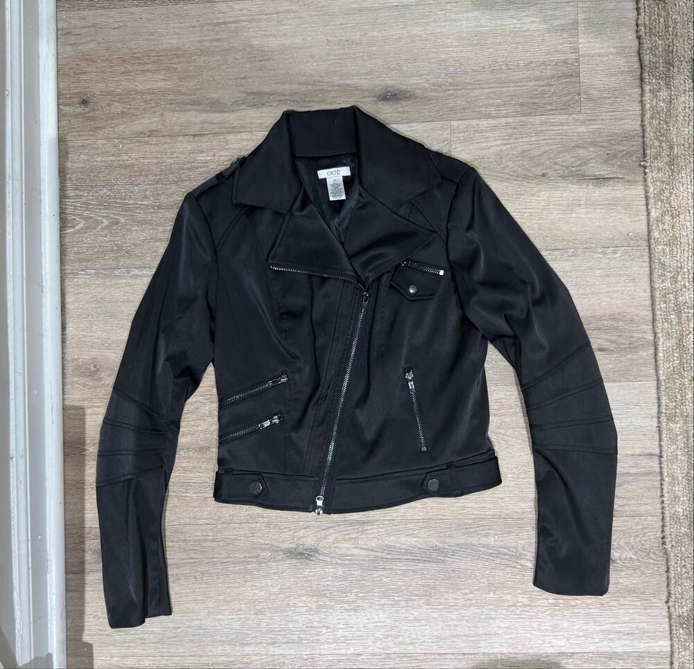 Vintage Caché Black Satin Moto Jacket - Size XS